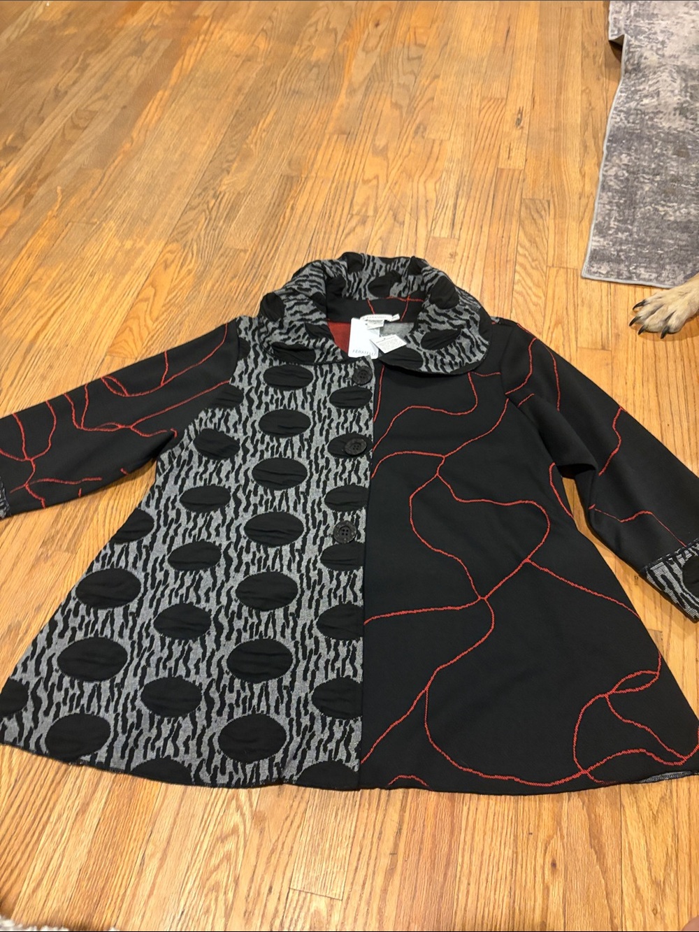 Women’s Patterned Black & Gray Pea Coat with Red Accents